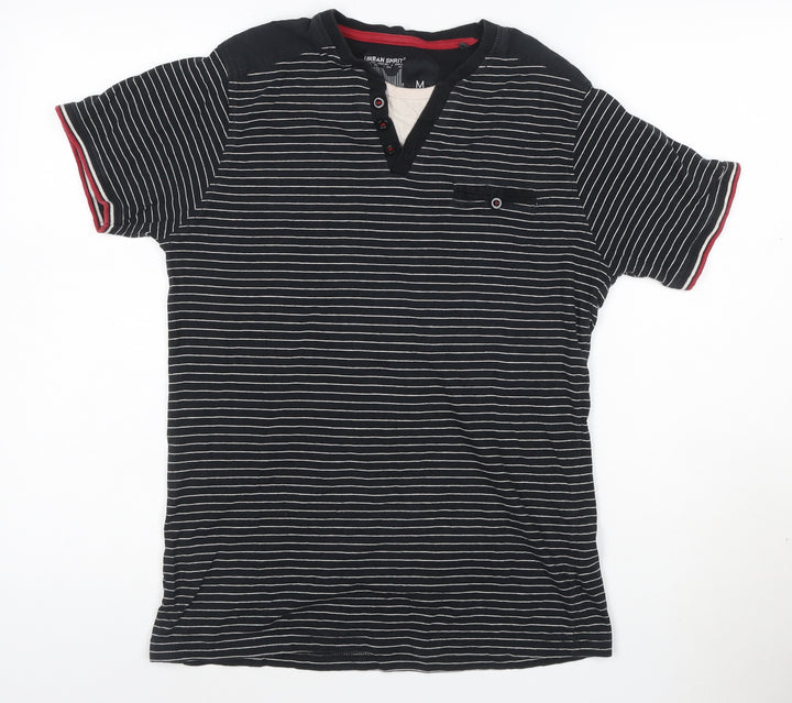 Urban Spirit Men's Black Striped Henley Polo Shirt Size M