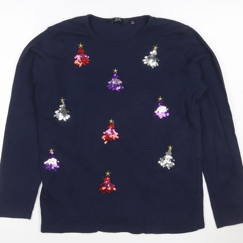 Isle Essentials Womens Blue Sequin Christmas Long Sleeve Cotton T-Shirt Size M