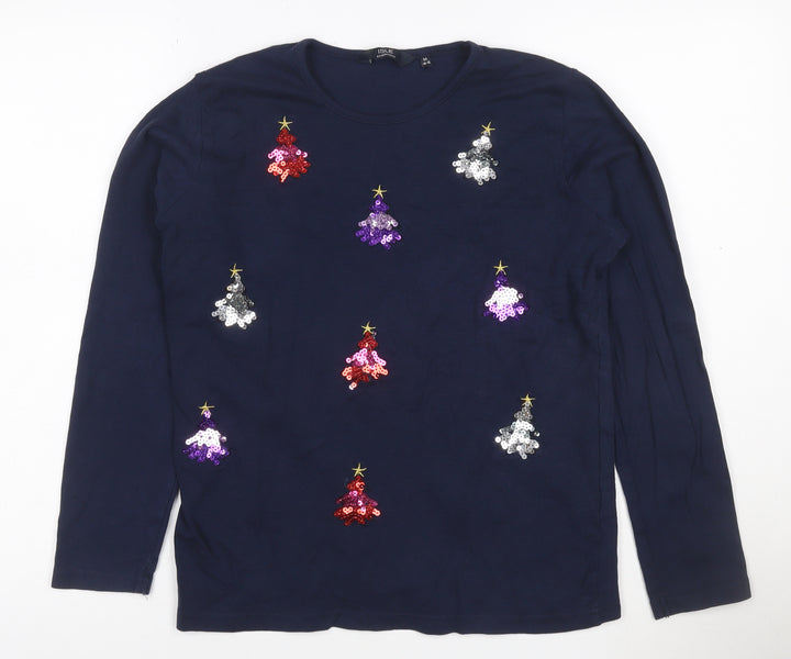 Isle Essentials Womens Blue Sequin Christmas Long Sleeve Cotton T-Shirt Size M
