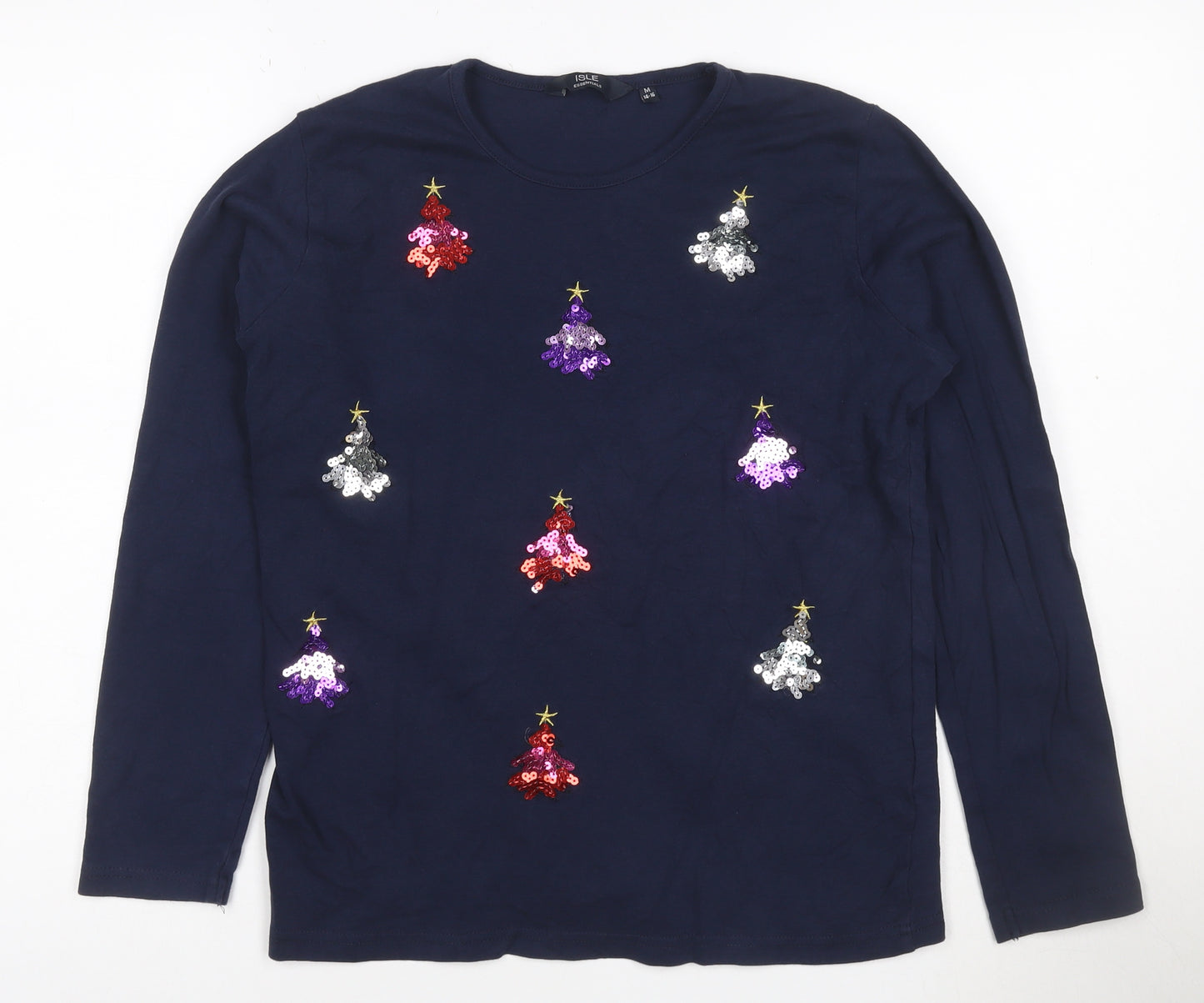 Isle Essentials Womens Blue Sequin Christmas Long Sleeve Cotton T-Shirt Size M