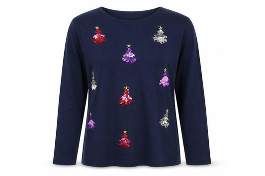 Front view of Isle Essentials women’s blue sequin christmas long sleeve cotton t-shirt, size M