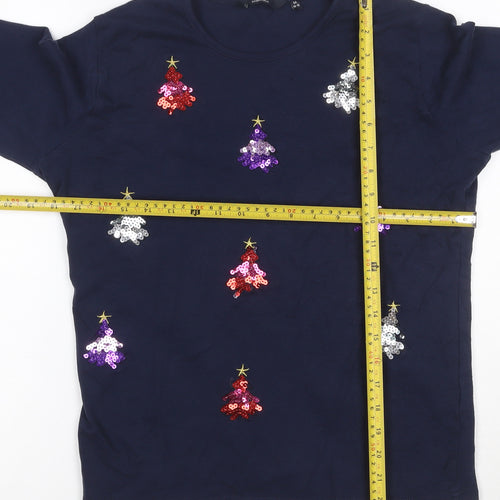 Isle Essentials Womens Blue Sequin Christmas Long Sleeve Cotton T-Shirt Size M