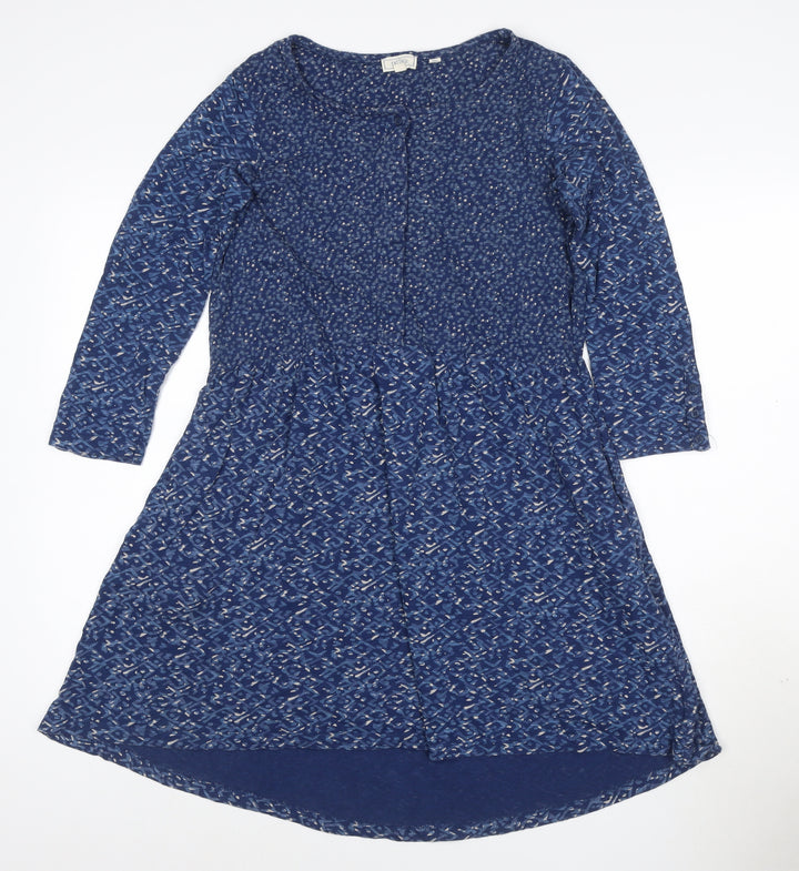 Fat Face Women Blue Long Sleeve Hi-Low Cotton Blend Casual Dress UK 10