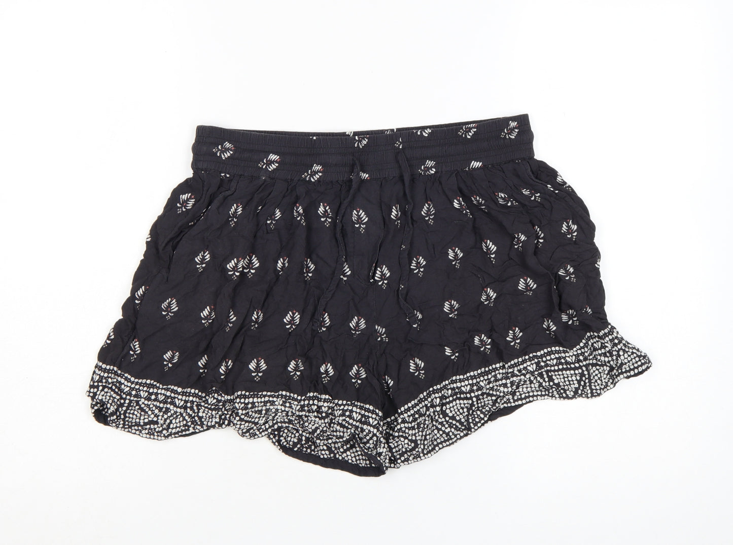 Fat Face Women’s Black Viscose Paperbag Shorts Size 12 Bohemian Floral