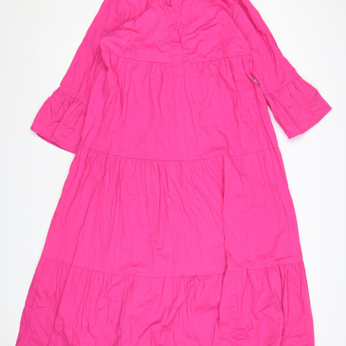 Blue Navy Women's Pink Midi Trapeze Dress M 3/4 Sleeve V-Neck