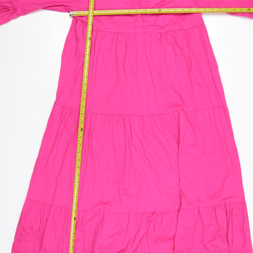 Blue Navy Women's Pink Midi Trapeze Dress M 3/4 Sleeve V-Neck