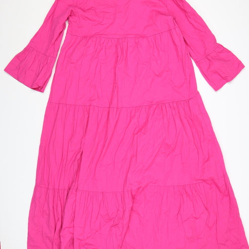 Blue Navy Women's Pink Midi Trapeze Dress M 3/4 Sleeve V-Neck