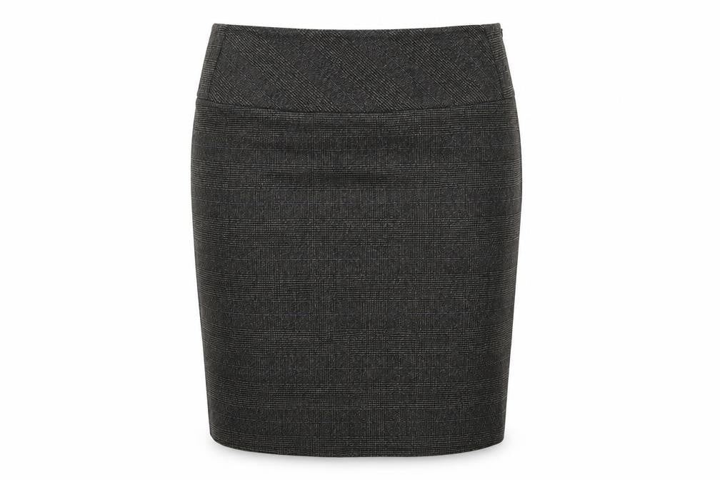 Front view of Mango Suit Women's Grey Check Pencil Skirt, size 12, Workwear