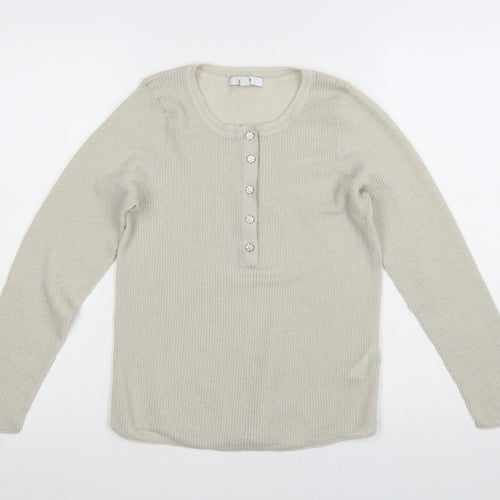 Next Women Beige Henley Knit Long Sleeve Jumper Size L