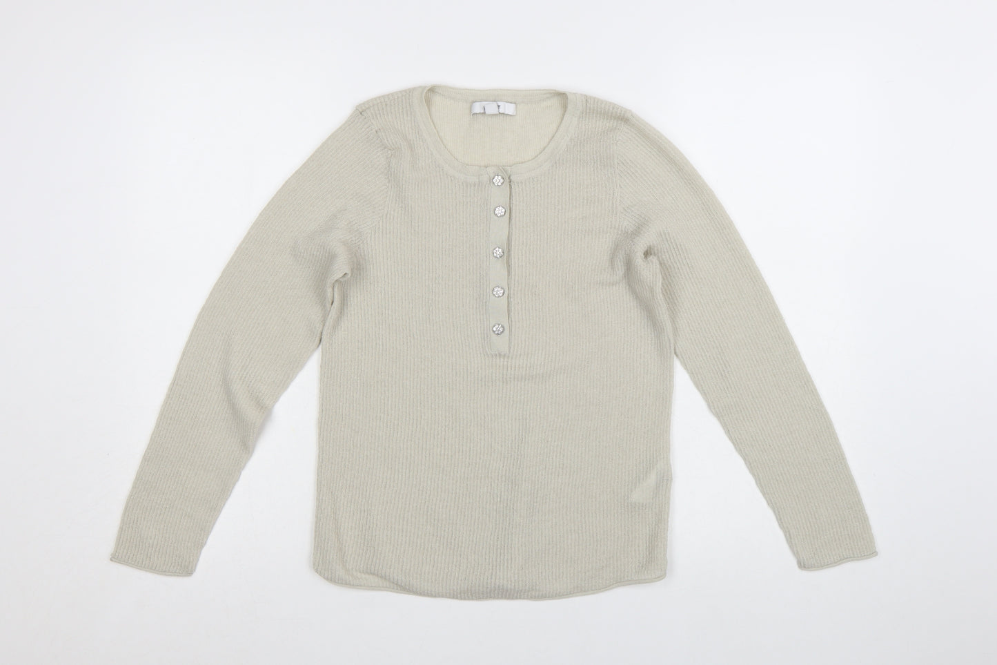 Next Women Beige Henley Knit Long Sleeve Jumper Size L