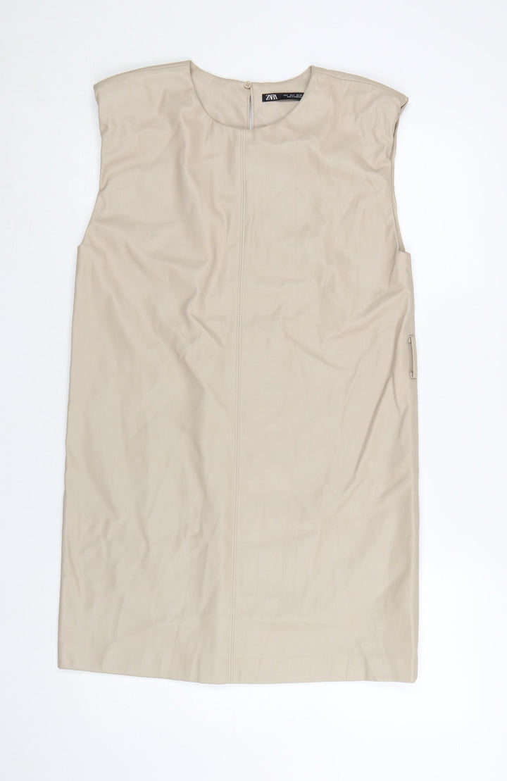 Zara Women Beige Shift Dress Size 8 Sleeveless Minimalist Style
