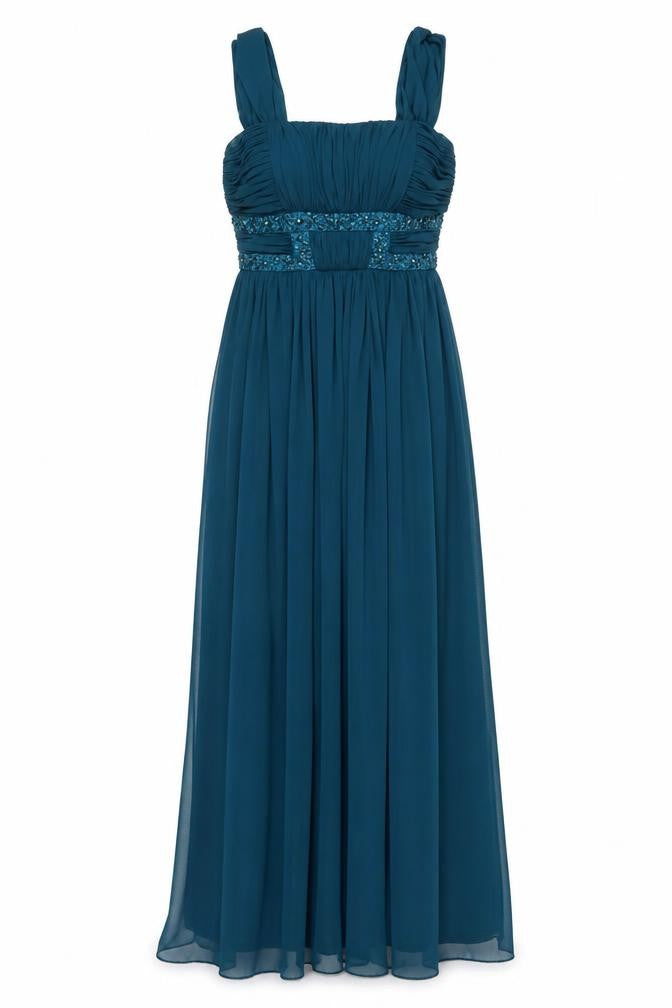Front view of Decode 1.8 Women’s Blue Beaded Chiffon Long Formal Dress, size UK 10