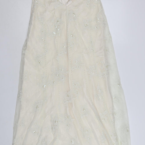 Monsoon Women Ivory Slip Dress Size 10 Beaded Sequin Embroidered Long Gown