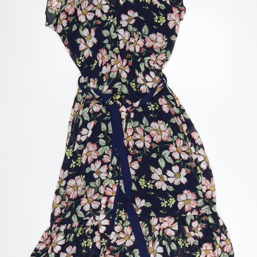 Apricot Women Blue Floral Belted Wrap Dress Size 10 Short Sleeve