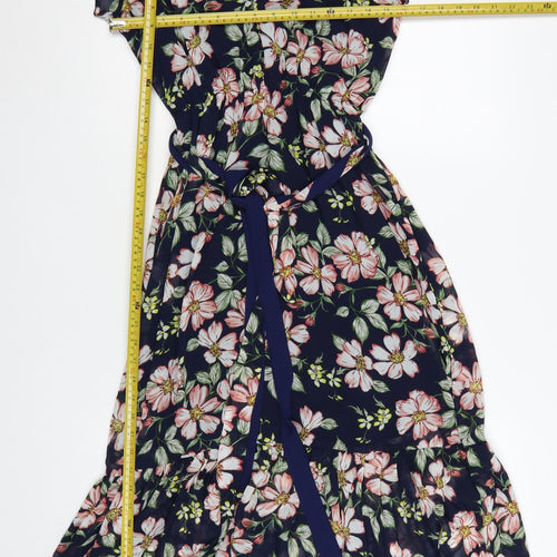 Apricot Women Blue Floral Belted Wrap Dress Size 10 Short Sleeve