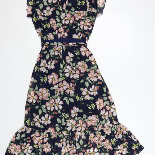 Apricot Women Blue Floral Belted Wrap Dress Size 10 Short Sleeve