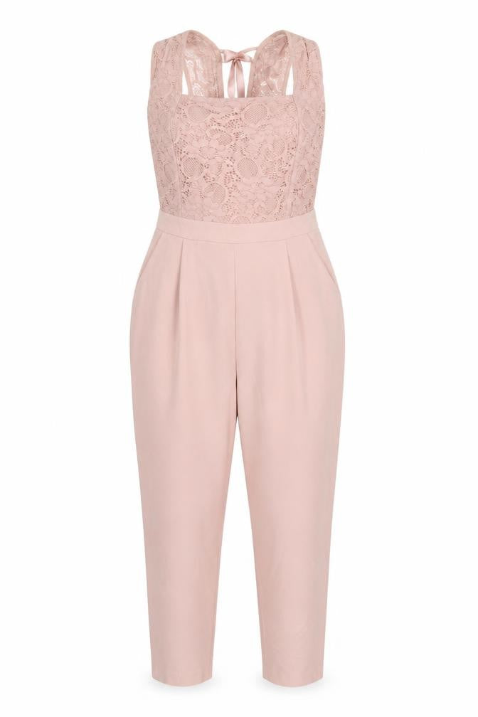 Front view of ASOS Women's Pink Lace Backless Jumpsuit, size 10 Slim, Fit
