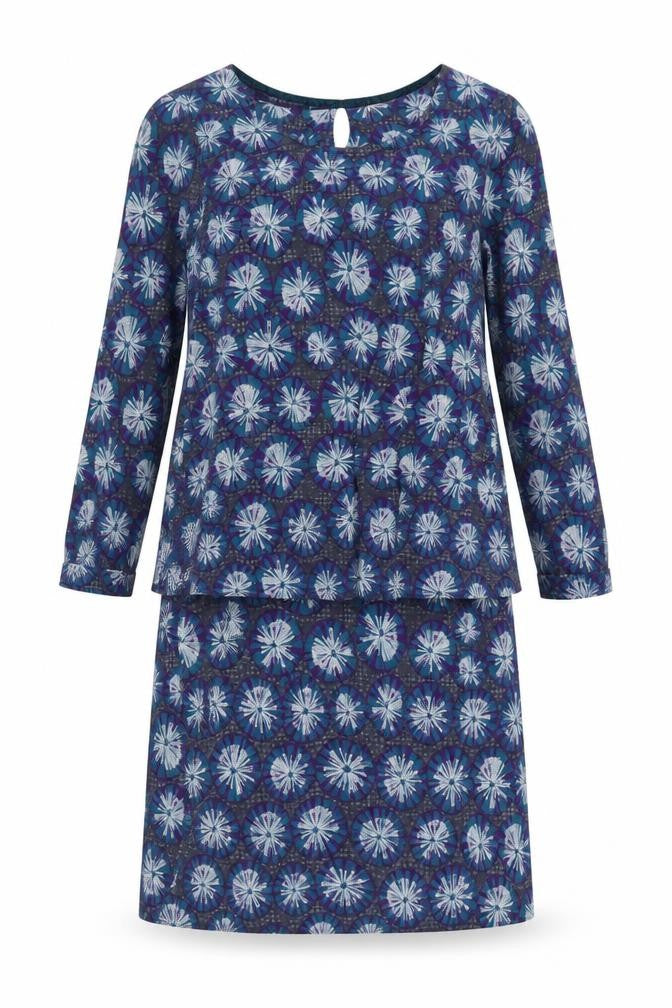 Front view of White Stuff Women’s Blue Floral Shift Dress, size UK 8, 3/4 Sleeve