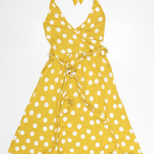 Boden Women Yellow Polka Dot Wrap Halter Dress Size 10