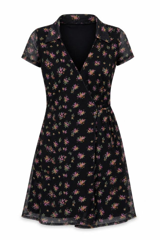 Front view of Urban Outfitters Women’s Black Floral Wrap Dress XS