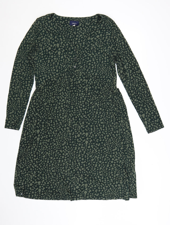 Joules Women Green Animal Print Viscose Long Sleeve Midi Dress UK 12