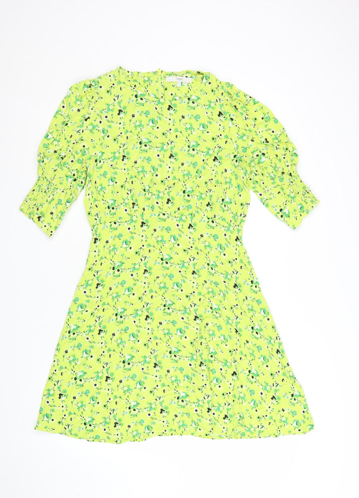 Next Women’s Green Floral Short Dress Size 8 A-Line Viscose