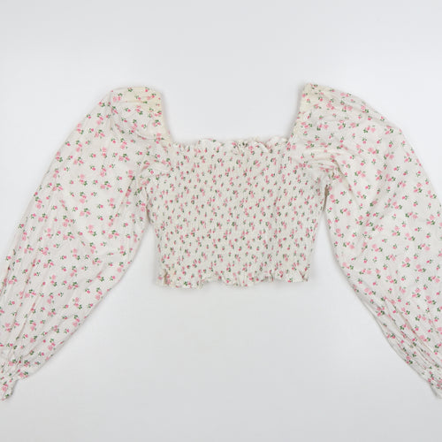 Loststock Women’s Ivory Floral Cropped Puff Sleeve Cotton Blouse S