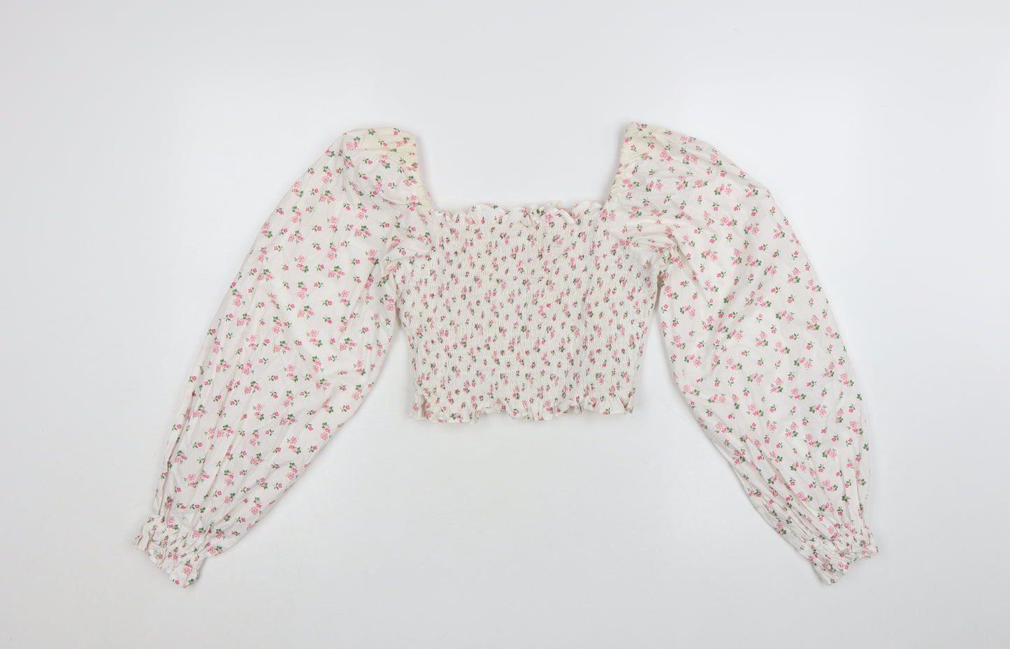 Loststock Women’s Ivory Floral Cropped Puff Sleeve Cotton Blouse S