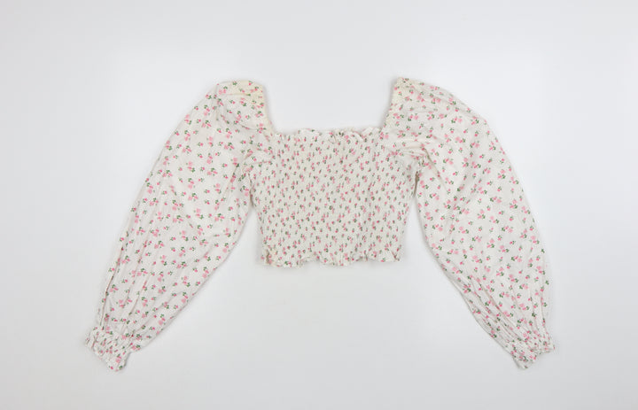 Loststock Women’s Ivory Floral Cropped Puff Sleeve Cotton Blouse S