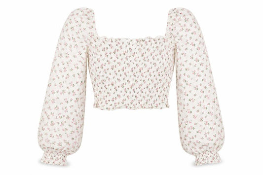 Front view of Loststock Women’s Ivory Floral Cropped Puff Sleeve Cotton Blouse S