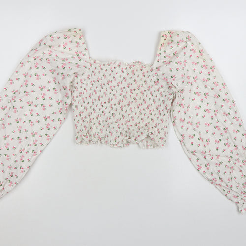 Loststock Women’s Ivory Floral Cropped Puff Sleeve Cotton Blouse S