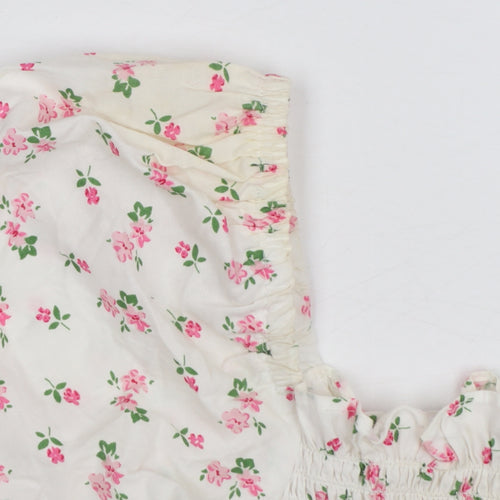 Loststock Women’s Ivory Floral Cropped Puff Sleeve Cotton Blouse S