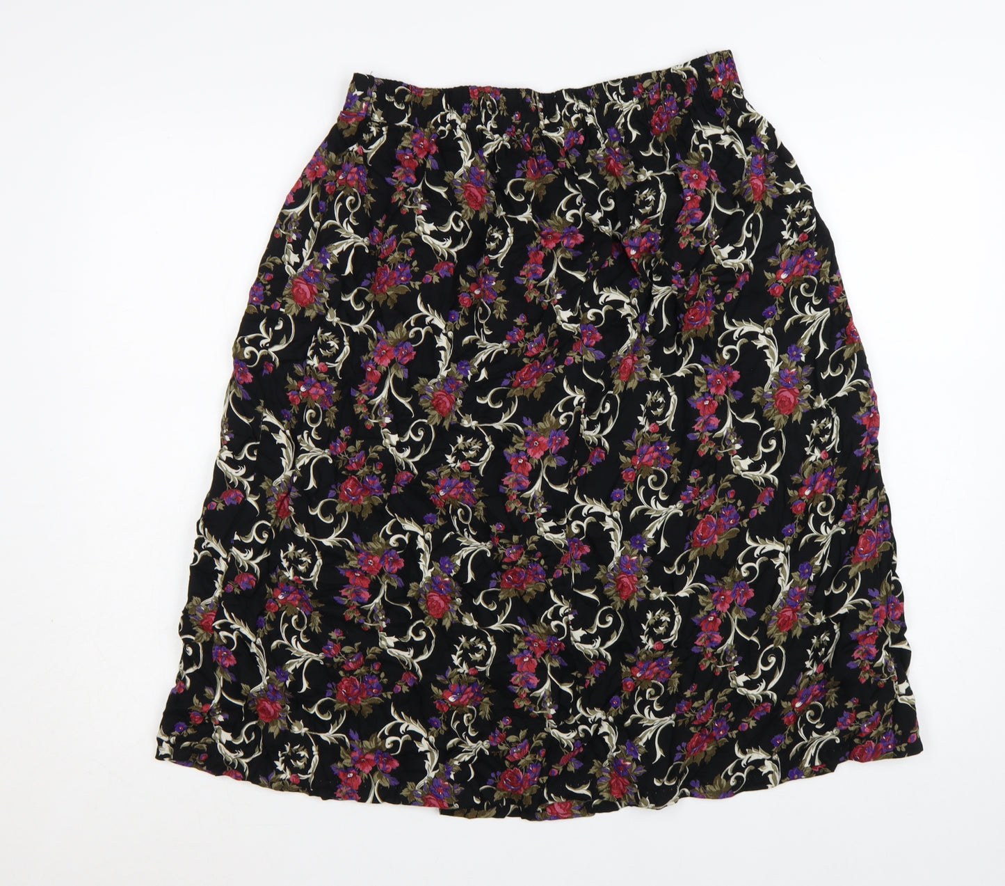 Classic Woman Black Floral Viscose A-Line Skirt Size 14 Women’s