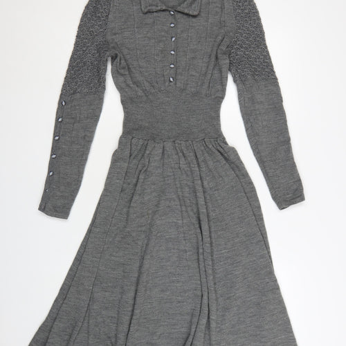 Lowie Women Grey Wool Knit Collared Fit & Flare Midi Dress M