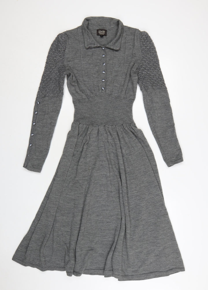 Lowie Women Grey Wool Knit Collared Fit & Flare Midi Dress M