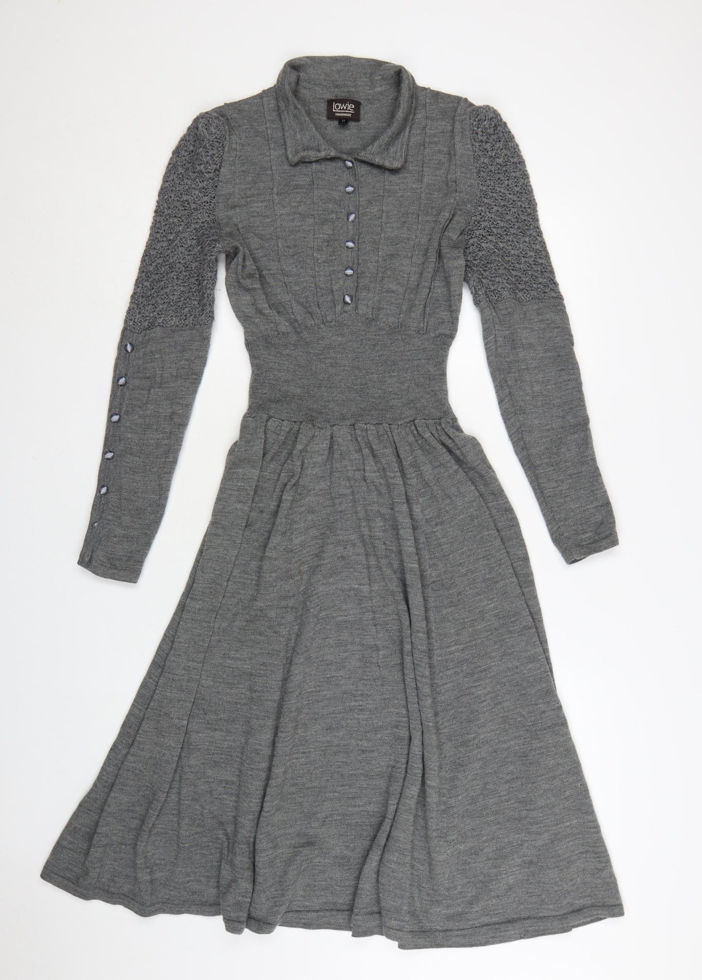 Lowie Women Grey Wool Knit Collared Fit & Flare Midi Dress M
