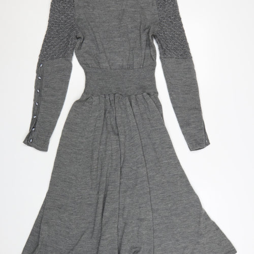 Lowie Women Grey Wool Knit Collared Fit & Flare Midi Dress M