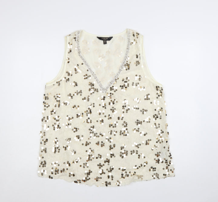 Lipsy Women’s Ivory Sequin V-Neck Camisole Tank Top Size 16