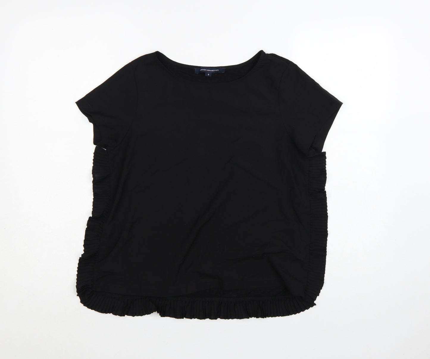 French Connection Women Black Ruffle Hem Short Sleeve Blouse S