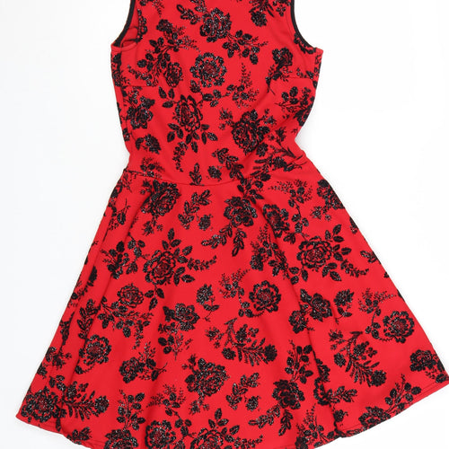Quiz Women Red Floral Fit & Flare Sleeveless Party Dress Size 6