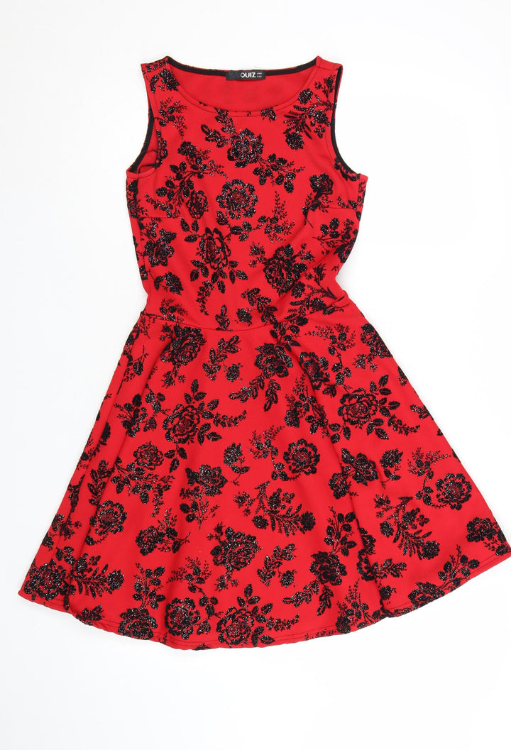 Quiz Women Red Floral Fit & Flare Sleeveless Party Dress Size 6