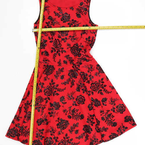 Quiz Women Red Floral Fit & Flare Sleeveless Party Dress Size 6