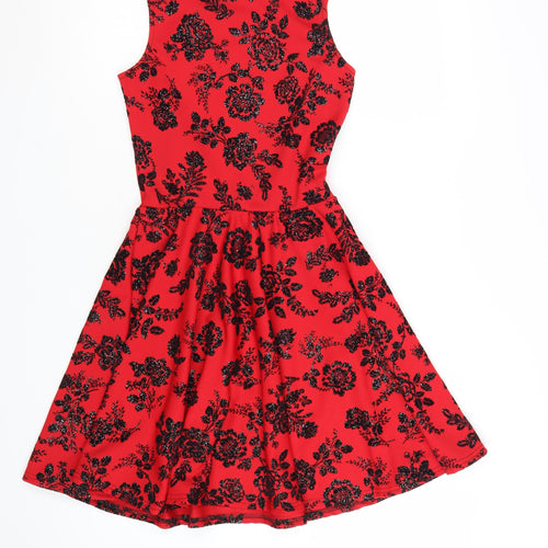 Quiz Women Red Floral Fit & Flare Sleeveless Party Dress Size 6