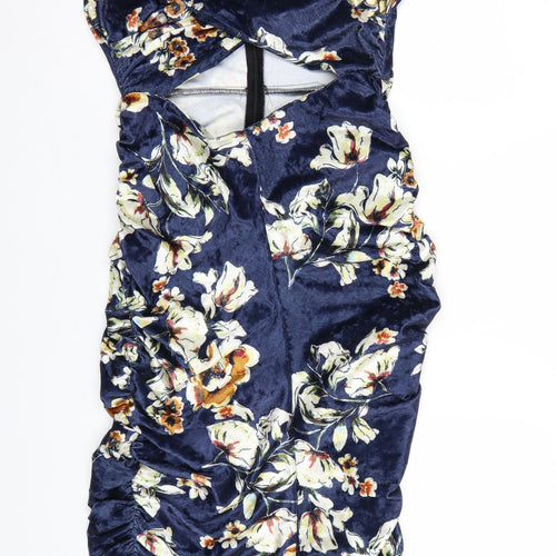 Elli White Women's Blue Floral Velvet Bodycon Cut Out Dress L