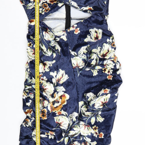 Elli White Women's Blue Floral Velvet Bodycon Cut Out Dress L