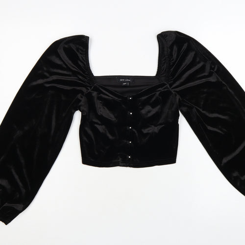 New Look Women Black Velvet Cropped Blouse Size 10 Puff Sleeve
