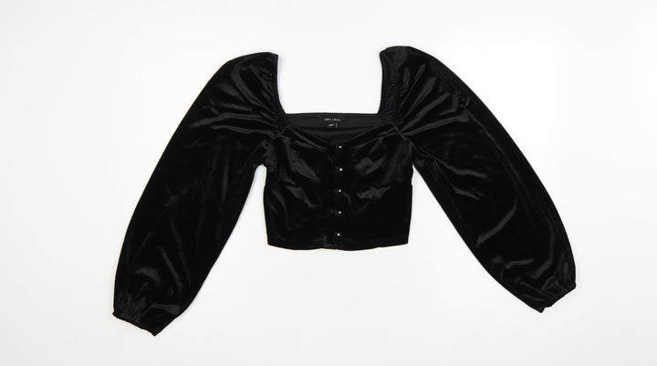 New Look Women Black Velvet Cropped Blouse Size 10 Puff Sleeve