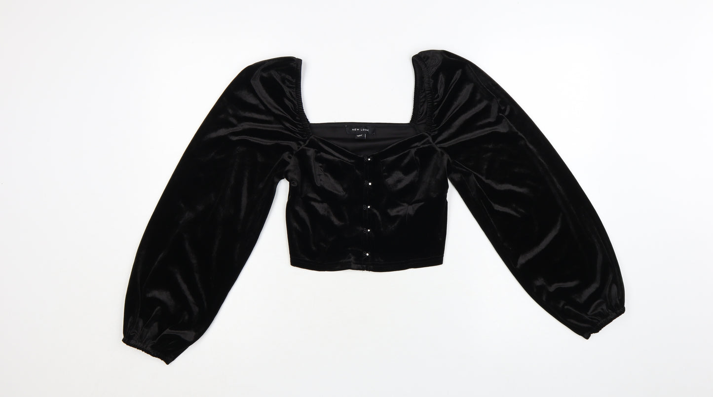 New Look Women Black Velvet Cropped Blouse Size 10 Puff Sleeve