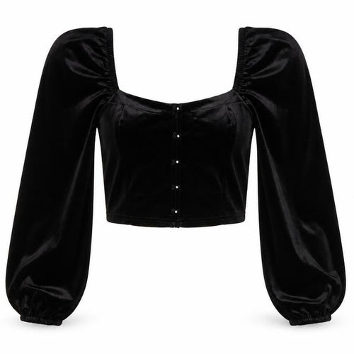 New Look Women Black Velvet Cropped Blouse Size 10 Puff Sleeve