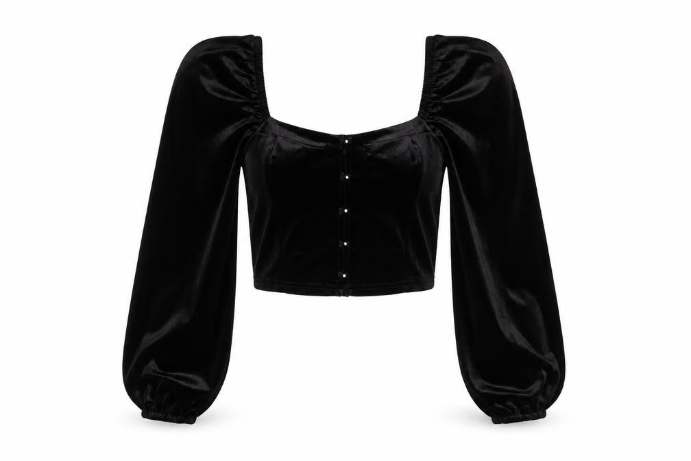 New Look Women Black Velvet Cropped Blouse Size 10 Puff Sleeve